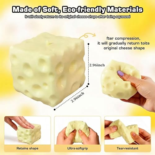 Cheese Squishy Toys, Slow Rising Stress Relief Gifts for Adults, 2.96Inch | Soft Cheese Squishy Help Calm Anxiety. Easy to Clean, Portable, Safe TPR Material. Ideal for Office Home Travel, Light Yellow thumbnail 3