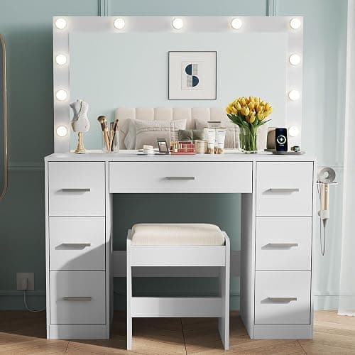 WLIVE White Vanity Desk with Large Mirror and Lights, Makeup Table w/7 Drawers & Power Outlets, Modern Vanity Table Set with Chair, Dressing Table for Bedroom Dressing Room Girl - Image 1