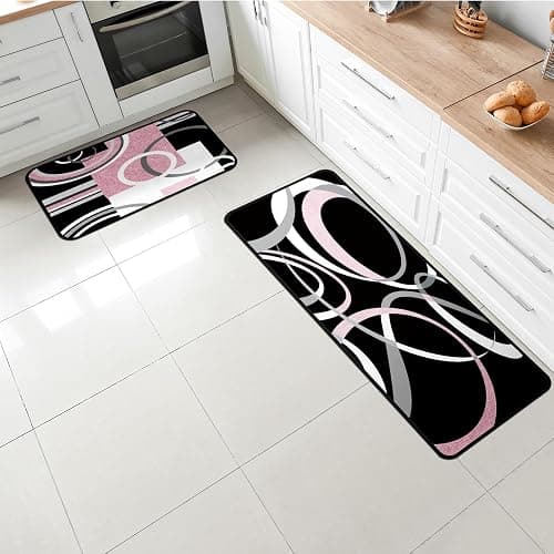 Maasechs 3 Pcs Pink and Black Kitchen Rug and Mat Set Geometric Floor Mat | Non Slip Washable, Modern Abstract Runner Rug, Minimalist Kitchen Decor Accessories for Home Office Bathroom, 17"x29"+17"x47" thumbnail 2