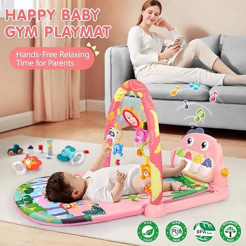 UMIKU Baby Play Mat Baby Tummy Time Mat Activity Center for Newborn Infant Piano Play Gym Mat Music & Light Babies Gifts Boy Girl for Babies 0-6 6-12 Months, Pink Dinosaur thumbnail 2