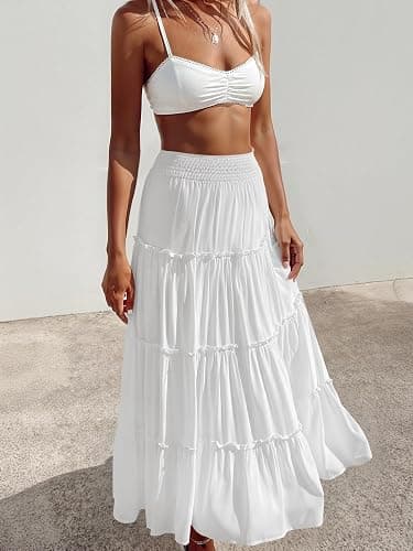 LUXVEER Women’s Summer Boho Maxi Skirts Smocked High Wasited Flowy Tiered Ruffle A Line Long Beach Skirt thumbnail 3