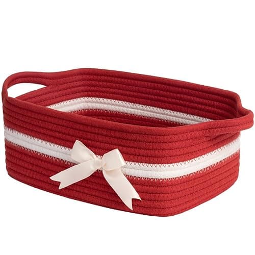 CHICVITA Small Woven Rope Gift Basket, Decorative Burr Basket, Red | 13" x 10" x 5" Storage Baskets for Toys & Baby Essentials, Fits Nursery & Bedroom Organization, Built-In Handles, Bow Design - Image 1