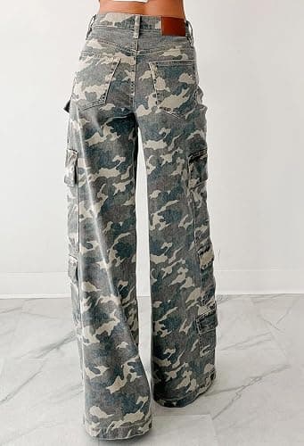 loveimgs Women Casual Camo Print Denim Pants Y2k Wide Leg Cargo Jeans Flare Distressed Camouflage Jeans Sweatpants Pockets thumbnail 5