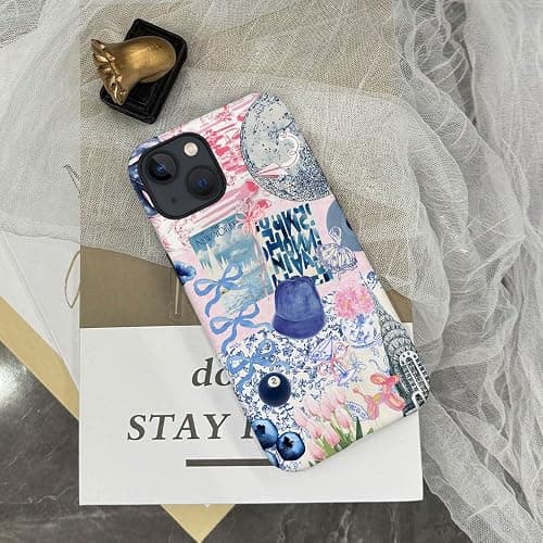 Generic Case Compatible with iPhone 14,Scratch Resistant Hybrid 2-Layer Hard Shell Phone Case,Ball Blue Bow Flower Collage Aesthetic - Ball Blue Bow Flower Collage Aesthetic - iPhone 14 thumbnail 6