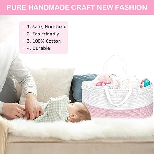 ABenkle X-Large Diaper Caddy Organizer - Cotton Rope Nursery Storage Basket for Baby Essentials, Boys & Girls Shower Gift, Changing Table Organizer thumbnail 5