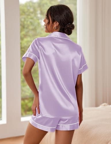 Ekouaer Pajamas for Women Set Silk Satin Pjs Button Down Sleepwear Summer Loungewear Top and Shorts Lounge Set S-XXL thumbnail 3