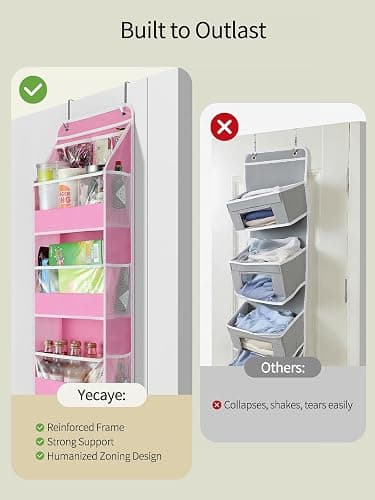 Yecaye 5 Tier Over the Door Organizer, Swing-proof Door Organizer Hanging with Clear PVC Windows, Behind the Door Storage for Bedroom Nursery Closet Laundry Pantry Bathroom, Bubblegum Pink thumbnail 6