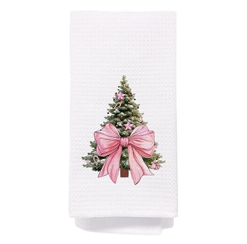 bitCNY Christmas Kitchen Towel – Pink Bow Tree Waffle Weave Dish Towel, Cute Holiday Hand Towel for Christmas Decor or Gift, 16x24 Inch - Image 1