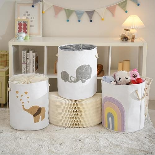 INough Baby Laundry Basket Laundry Hamper, Canvas 58L XL Baby Clothes Basket, Collapsible Brown Laundry Basket for Nursery Toy Baskets with Drawstring Closure, KidsRoom Decor for Boys thumbnail 8