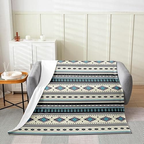 Western Boho Flannel Fleece Blanket, Aztec Sherpa Blanket Queen Size, Ethnic Tribal Arrow Throw Blanket, Retro Exotic Nordic Style Fuzzy Blanket, African Indian Decor Bed Blanket, Pebble Gery Blue thumbnail 2