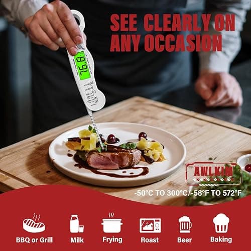 AWLKIM Meat Thermometer Digital - Fast Instant Read Food Thermometer for Cooking, Candy Making, Outside Grill, IP67 Waterproof Kitchen Thermometer with Backlight, Stocking Stuffers for Men - White thumbnail 5