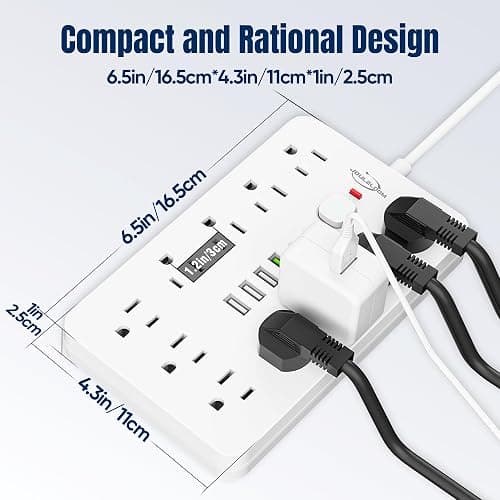 JouleLoom 6 FT Flat Plug Surge Protector Power Strip,11 Multiple AC Outlets with 6 USB Ports (2 USB C), 6 Feet Extension Cord, 1250W/10A, One Touch Switch Button, 17 in 1 Compact powerstrip-White thumbnail 6