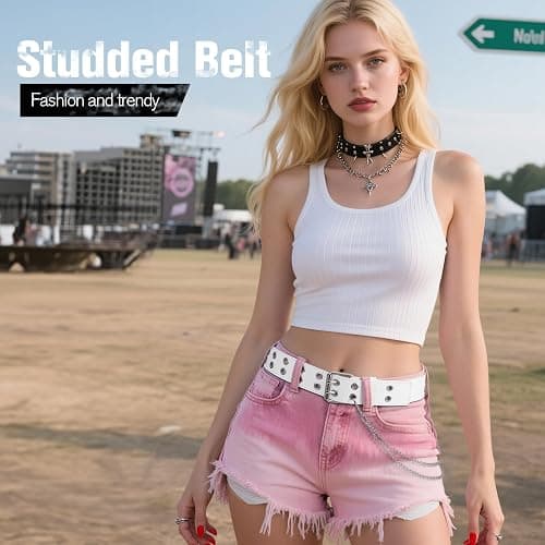 SANSTHS Women Double Grommet Studded Belts, Black Leather Belt for Women Men Punk belt thumbnail 2