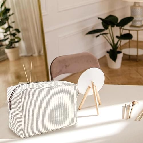 GFU Cosmetic Bags for Women, Seersucker Cosmetic Bag, Travel Toiletry Stripe Makeup Bag, Large Women Aesthetic Organizer Storage Pouch, Girls Handbags Purses, brown thumbnail 6
