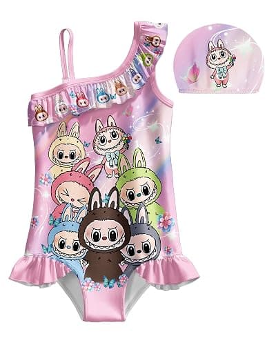 Difforever Girls Swimsuit One Piece Cute Monster Bathing Suit for 5-12 Years Kids Beach Swimwear - Deeppink - 7-8 Years - Image 1