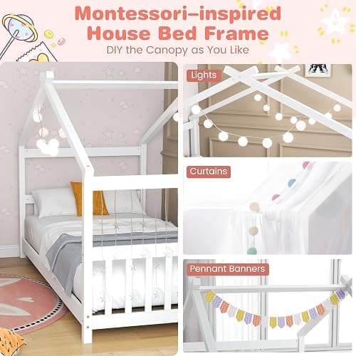 GORELAX Twin Size Floor Kid House Bed with Roof & Wooden Slats | Montessori Floor Bed, No Box Spring Needed, Wood Twin Size Platform Bed Frame for Boys, Girls (White, Twin) thumbnail 6