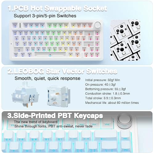 AULA F75 Pro Wireless Mechanical Keyboard,75% Hot Swappable Custom Keyboard,RGB Backlit,Pre-lubed Linear Switches,Side Printed PBT Keycaps Mechanical Gaming Keyboards,Gradient Blue thumbnail 5