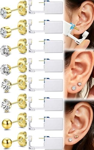 TKKUY 24 Pcs Ear Piercing Kit Disposable Ear Piercing Gun Kit 8 Pcs Self Piercing Gun with Cubic Zirconia Earrings Stud 4 Prong / 6 Prong Setting 3mm Diameter Ball Ear Stud Ear Piercer Kit Tool Gold - Image 1