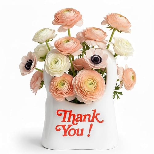 Handmade Ceramic Bag Flower Vase with Red “Thank You” Print | Glossy White Purse Vase for Modern Home Decor, Mantel, Kitchen, Living Room, Table Centerpiece thumbnail 4