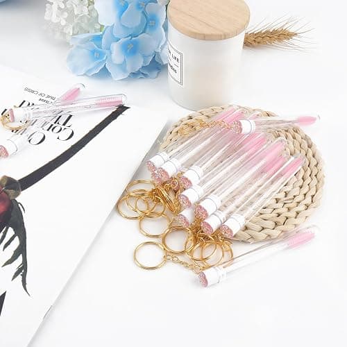 Mekupeu 20pcs Mascara Wands Set Includes Crystal Eyelash Spoolies Eyebrow Brush and Reusable Diamond Key Chain Tube Eyelash Extension Supplies (Pink) thumbnail 5