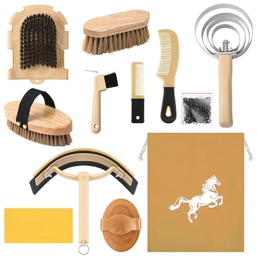Abbylike 12 Pieces Horse Grooming Kit Racing Festival Tack Room Supplies Horse Brush Sets Equine Care Cleaning Kit Shedding Grooming Massaging Tools(Khaki) - Image 1