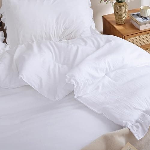JANZAA Twin Comforter Set White Comforter Ruffled Comforter Set Soft Twin Size Bed Set Vintage Farmhouse Bed Comforter Set Fluffy Shabby Chic Bedding with 1 Pillowcase thumbnail 7