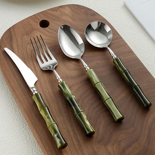 50 Piece Silverware Set Service for 10,Premium Bamboo Acrylic Handle Flatware Set Home Include Fork Knife Spoon Set Package for Christmas and Thanksgiving（Green） thumbnail 4