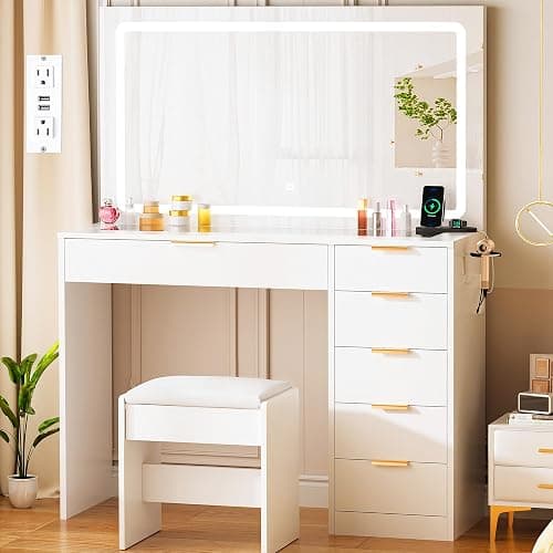 ANWBROAD 39" Makeup Vanity Desk with Mirror and Lights with 6 Drawers and Charging Station Girls Vanity with Glass Top,3 Color Modes Adjustable,White for Bedroom UBDT79A thumbnail 8