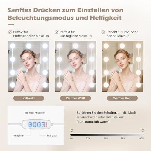 TUKAILAI Schminktisch mit LED-Beleuchtung, Frisiertisch mit 2 Schubladen und 6 offenen Fächern, Moderner Schlafzimmer Make up Schreibtisch, Kosmetiktisch mit Spiegel Einstellbarer Helligkeit thumbnail 4