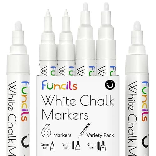 Funcils Kreidestifte - weiß - 6 Kreide Markers Multipack - 1mm, 3mm, 6mm Spitze. Kreidestifte für Fenster, Tafel, Glas und mehr. Geeignet für Erwachsene, Künstler, Lehrer und Kinder. - Image 1