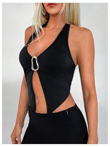 SOLY HUX Women's Halter Top V Neck Sleeveless Split Hem Backless Y2k Crop Tank Tops thumbnail 3