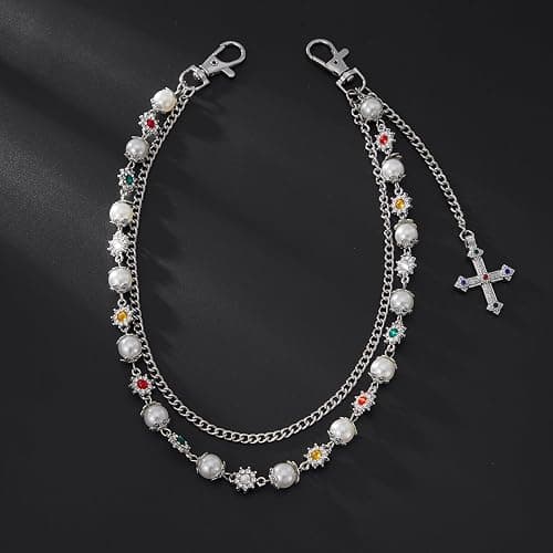 Fashion Layered Pants Wallet Chains - Exquisite Gold Silver Rhinestone Flower Pearl Jean Pocket Chain for Women Men Cute Bag Purse Charms Jewelry thumbnail 5