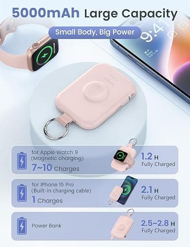 RORRY Portable Charger, 5000mAh Portable Charger Power Bank with Built-in Cables, Travel Keychain Battery Pack for Apple Watch Ultra/11/10/9/8/7/6/SE, iPhone Air/17/16/15/14/13/12, Pink thumbnail 3