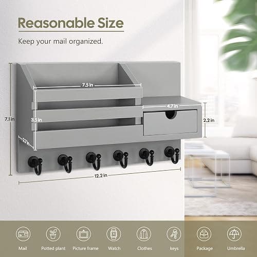 FifthQuarter Key and Mail Holder for Wall, Mail Organizer Wall Mount with 6 Hooks and Storage Drawer, Easy Installation Key Rack for Entryway and Home Decor (A-Grey) thumbnail 2
