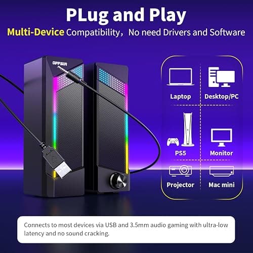 Computer Speakers, 2 in 1 PC Speaker , Gaming Speakers for PC Computer Laptop Desktop Monitor, RGB Speakers with Touch Sensitive Lighting, USB Powered 3.5mm Aux（Package Only Two Speaker, No Soundbar） thumbnail 5