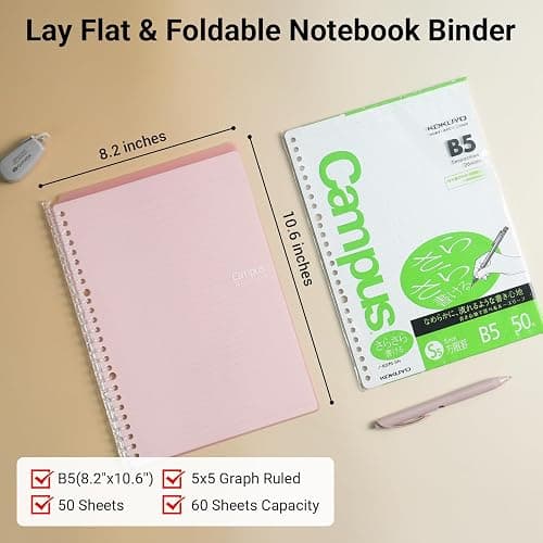 KOKUYO Smart Ring Binder Notebooks, Pink B5 Refillable Notebook, 20 Sheets Each, Plus Extra 50 Sheets 5x5 Graph Loose Leaf Papers, 60 Sheet Capacity, Perfect for School & Work thumbnail 3