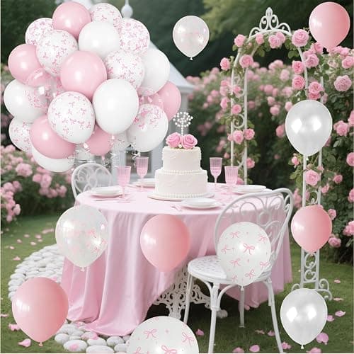 Pink Bow Balloons Light Pink and White Balloon 12inch Clear Bow Balloons Coquette Birthday Party Decorations Helium Latex Balloon for Arch Bridal Shower Bachelorette Weddiing Decor thumbnail 2