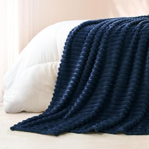 Exclusivo Mezcla Fleece Throw Blanket for Couch, Super Soft Striped Jacquard Bed Blanket, Lightweight Fuzzy Cozy for All Seasons, 50x60 Inches, Navy Blue thumbnail 7