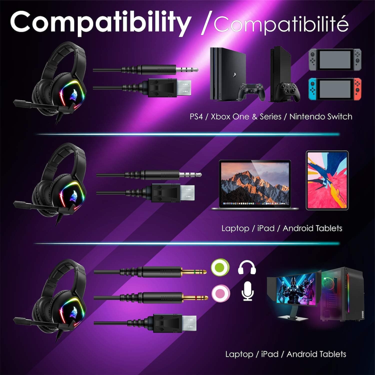 EMPIRE GAMING - Dark Rainbow G-HD10 RGB Gamer Headset - Compatible with PS4, PS5, Xbox Series, Smartphones, Tablets, PC, Mac - Multiplatform - High Definition Stereo Sound - Micro Omnidirectional thumbnail 7