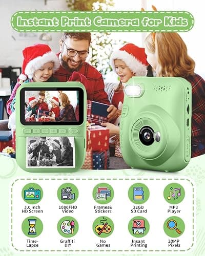Kids Instant Print Camera, 3.0-inch HD Screen 32MP Photo Instant Digital Camera Christmas Birthday Gifts Toys for Children Girls Boys Age 3-12 - Green thumbnail 2