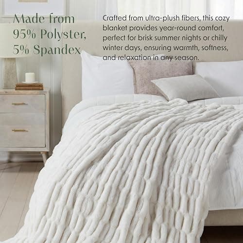 Springtree Home Luxury Micro Plush Throw Blanket for Couch | Fluffy Thick Faux Fur Blanket | White Throw Blanket | Lily Collection - White thumbnail 3