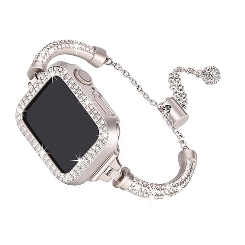 Secbolt Bling Band and Case Compatible with Apple Watch Band 38mm 40mm 41mm 42mm 44mm 45mm, Women Dressy Metal Bracelet with Rhinestone Bumper for iWatch Series 9/8/7/SE/6/5/4/3/2/1 - Image 1