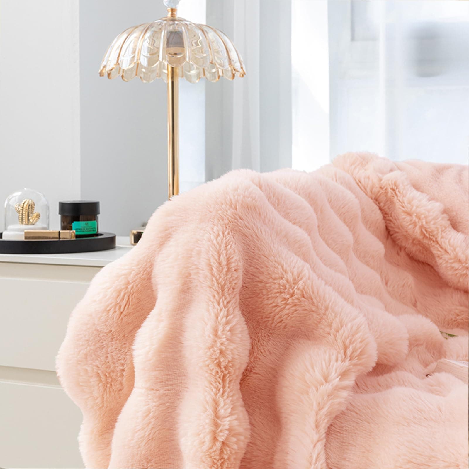 Super Comfort Oversized Warm Thick Bubble Plush Rabbit Faux Fur Throw Blanket, Luxury Plush Throw Blanket, 51×63in Soft Cozy Blanket, Warm Bed Throws for Couch Chair Bed Sofa (Cherry Blossom Pink) thumbnail 3