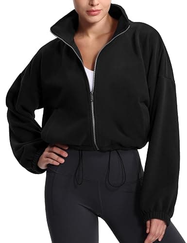 THE GYM PEOPLE Women's Fleece Cropped Jacket Full Zip Stand Collar Workout Short Sherpa Coats with Pockets Drawstring Hem thumbnail 4