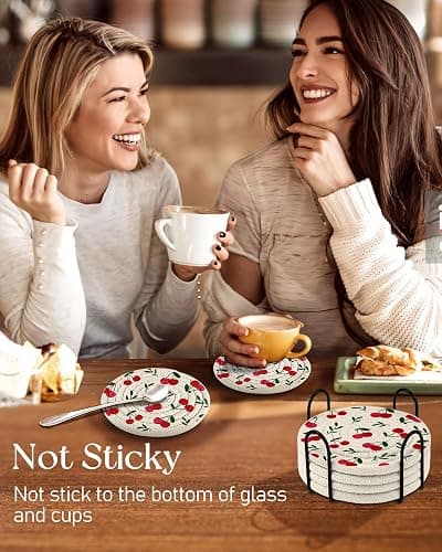 Kokaaee Cup Coasters for Drinks Absorbent - for Coffee Wooden Table Office Cute Farmhouse Outdoor Rustic Desk Kawaii Woven Women Kid Soft Cloth Braided Fabric Girly Cherry Coaster Set of 6 with Holder thumbnail 2