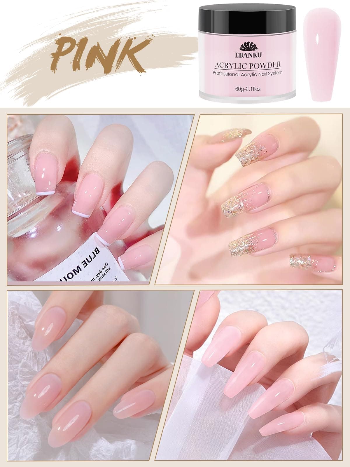 Kalolary Nude Pink Acrylic Powder, 2 * 60g/2.1oz Acrylic Powder Large Capacity Professional Acrylic Nail Powder for Nail Acrylic Extension, Nail Carving, Long-Lasting, No Nail Lamp Needed thumbnail 3