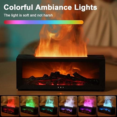 3D Flame Essential Oil Diffuser, 150ml Fireplace Flame Light Humidifier with Timer, Auto-Off Protection, 7 Colors LED Night Light and Remote Control, Aroma Diffuser for Home, Office, Bedroom (Black) thumbnail 3