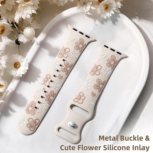 Witzon Floral Band Compatible with Apple Watch Bands For Women 40mm 41mm 38mm 42mm 44mm 45mm 46mm 49mm, Engraved Cute Flower Silicone Dressy Strap for iWatch Series 11 10 9 8 7 6 5 4 3 2 SE Ultra thumbnail 6