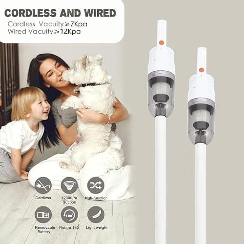 SIPPON 6-in-1 Lightweight Stick Vacuum Cleaner with 100W Powerful Motor, Mini Portable Household Handheld Vacuum Cleaner for Domestic Hard Floors, Carpets and Pet Hair (White Cordless with Plug) thumbnail 3