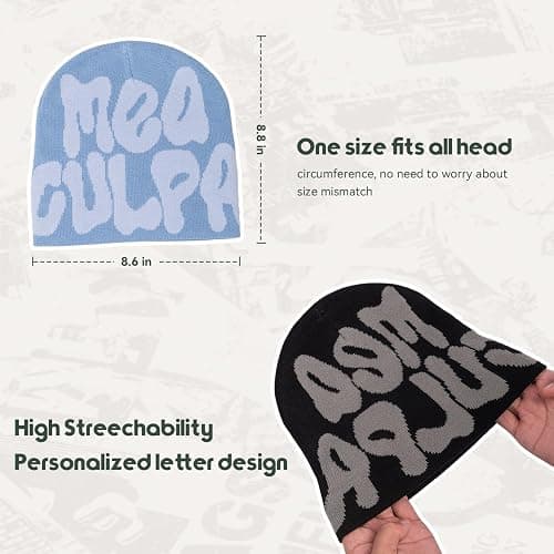 TaowaveWomen Beanie Y2k Hat,MEA Culpa Graphic Beanies Designs,Winter Hat Knit Skull Cap for Women - One Size - Gray Gray thumbnail 3
